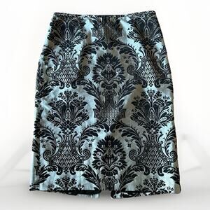 Ann Taylor LOFT Black Pewter Gray Damask Print Silk Blend Pencil Skirt Size 6
